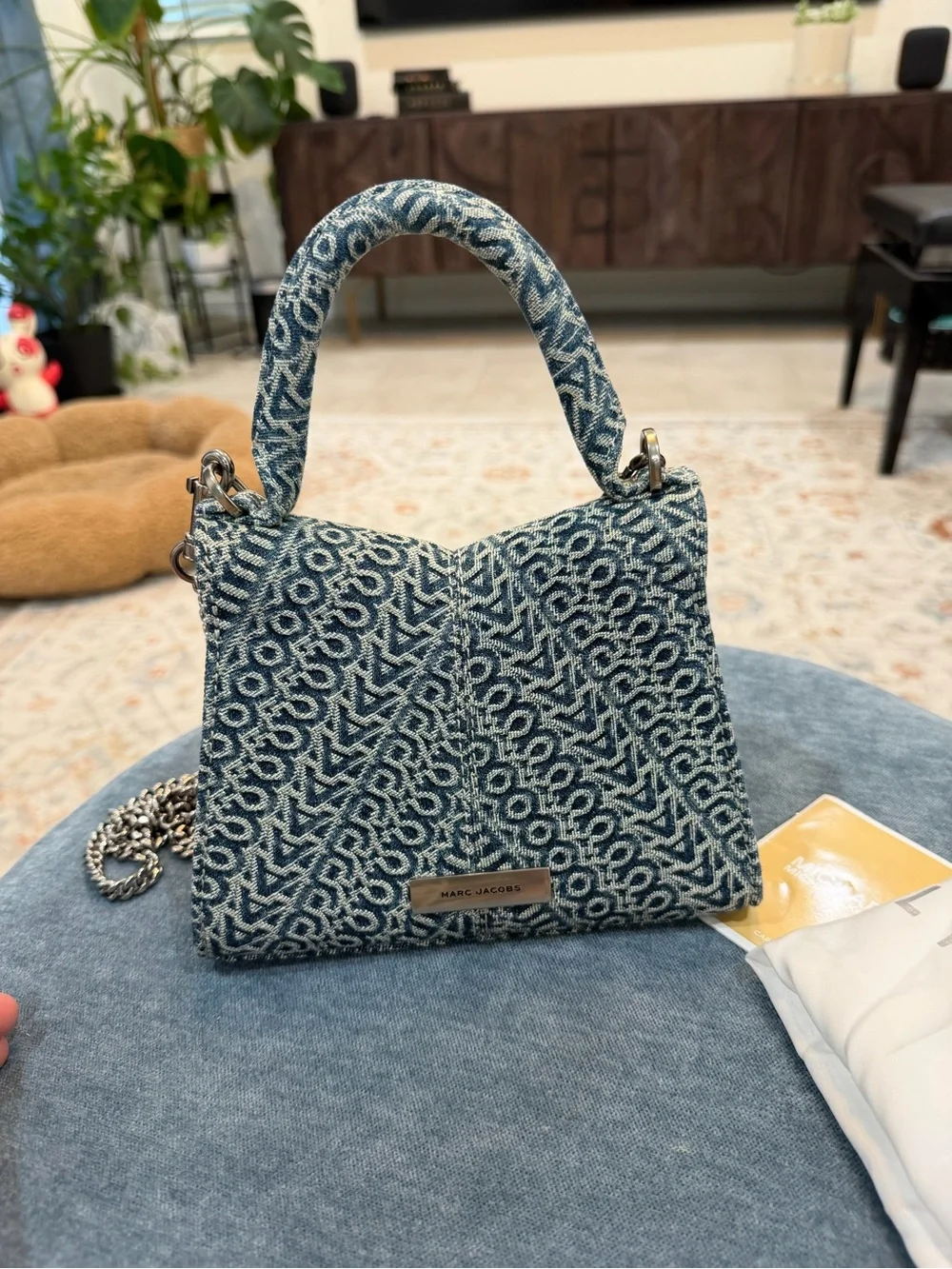 Marc Jacobs Blue Patterned Denim Satchel with Silver Chain